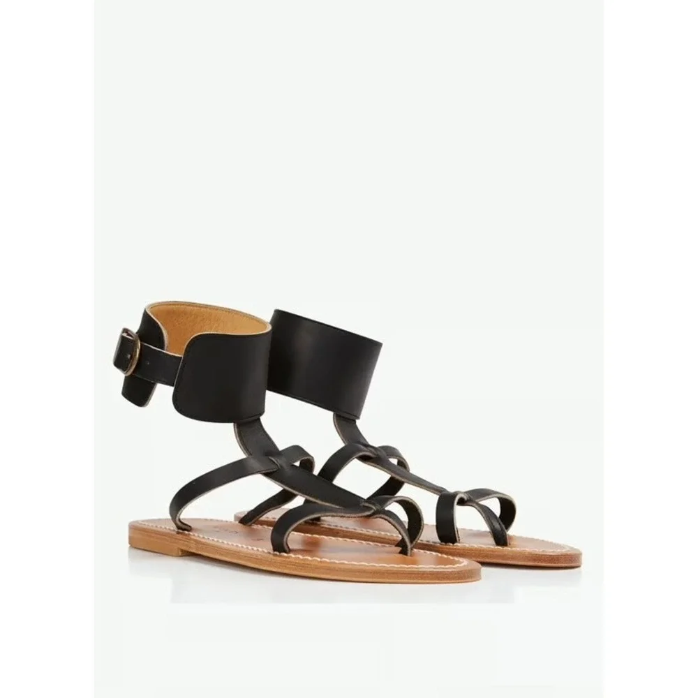 K.Jacques Setropez Black Leather Flat Gladiator Ankle Strap Sandals Womens 39